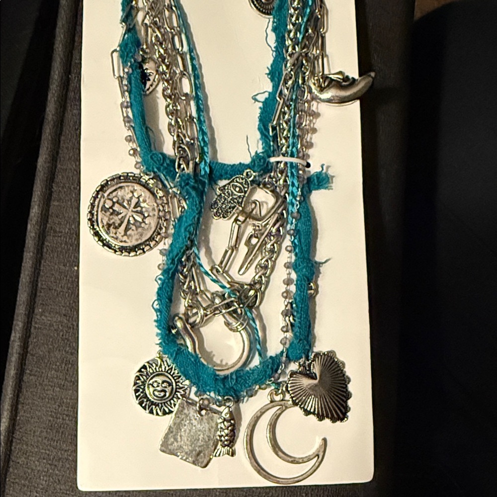 Free People Silver and Teal Charm Necklace